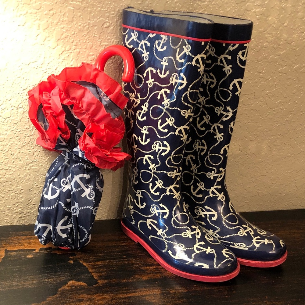 Target Girls Nautical Rain Boots & Matching Umbrella Boots 13/1